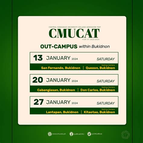 Central Mindanao University College Admission Test CMUCAT Schedule