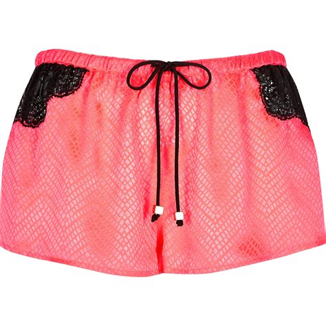 River Island Bright Coral Jacquard Lace Pyjama Shorts In Pink Coral