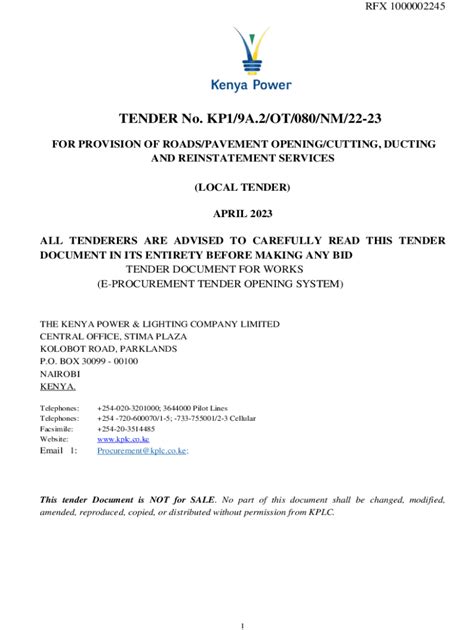 Fillable Online Kplc Co TENDER No KP1 9A 2 OT 080 NM 22 23 Fax