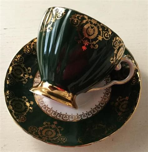 Vintage Royal Grafton Bone China Dark Green And Gold Cup And Etsy