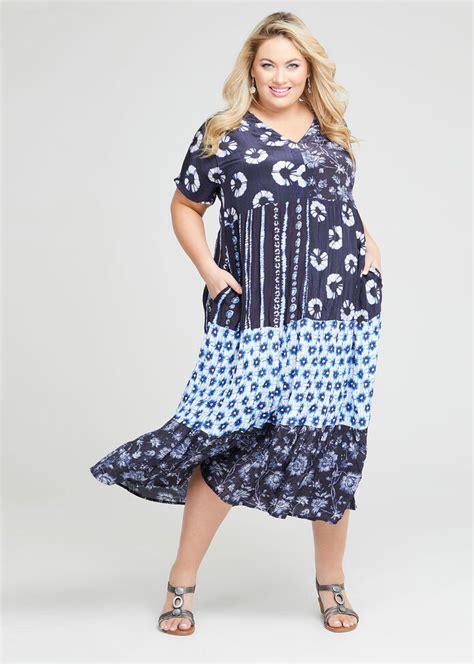 Shop Plus Size Natural Floral Tie Dye Dress In Blue Taking Shape Au