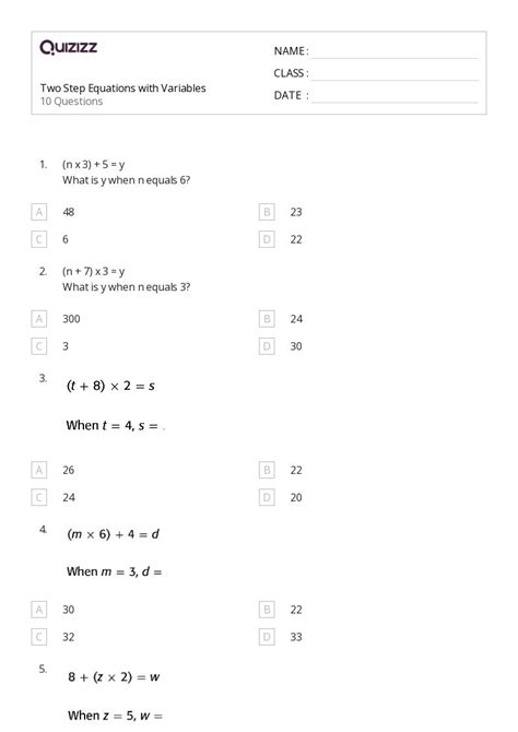 Two Step Equations Worksheets For Th Grade On Quizizz Free