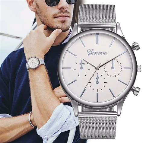 Men Silver Stainless Steel Mesh Belt Quartz Geneva Watch Luxury Fashion Male Wrist Watch