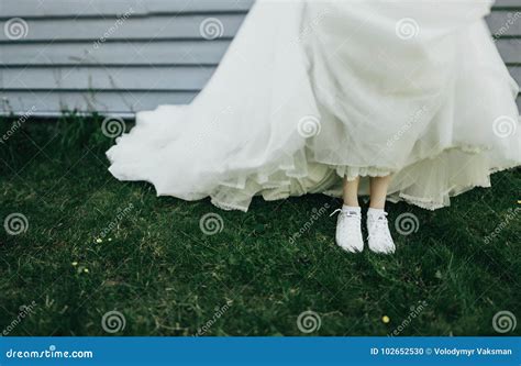 Beautiful Innocent Blonde Bride In White Dress Posing Near Churc Stock Photo Image Of Beauty