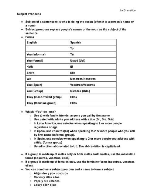 Fillable Online Subject Pronoun Grammar Notes Fax Email Print PdfFiller