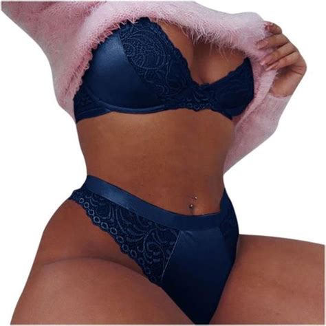 Femmes Mode Dentelle Gilet Creux Maille See Through Push Up Sexy Sous Vêtements Lingerie Bleu934