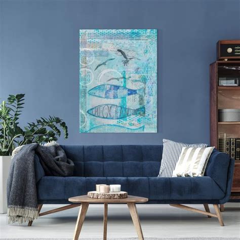 Bunte Collage Blaue Fische Leinwandbild Im Hochformat Bilderwelten