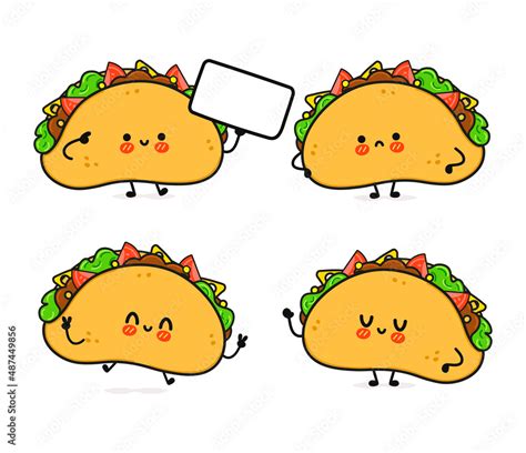 Funny Cute Happy Taco Characters Bundle Set Vector Kawaii Line Cartoon