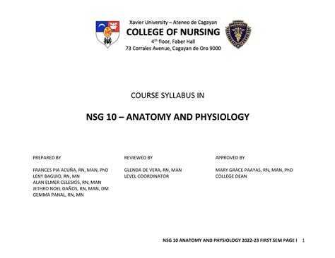 Course Syllabus Anaphy COURSE SYLLABUS IN NSG 10 ANATOMY AND