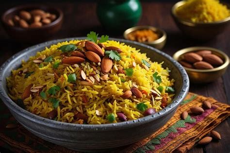 Veg biryani topped with saffron rice and almonds | Premium AI-generated ...