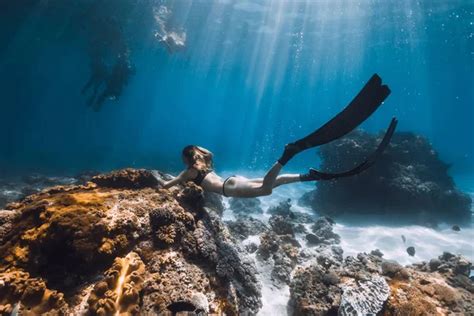 Naked Woman Freediver Glides Over Sandy Bottom Beautiful Woman Stock