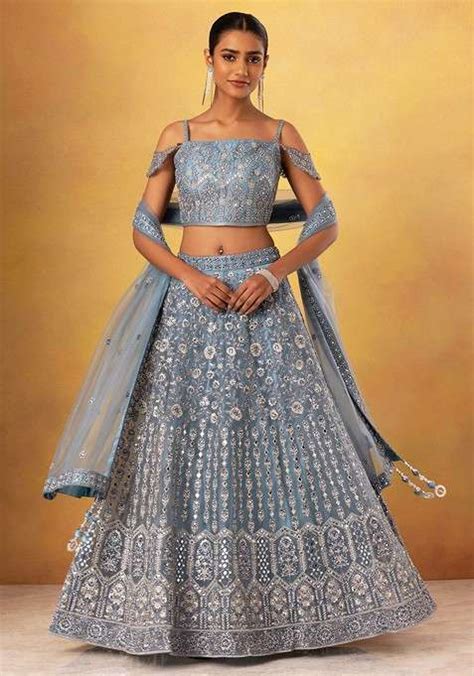 Buy Women Steel Blue Sequin Embellished Mesh Lehenga Set With