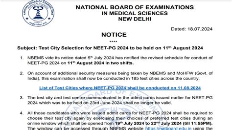 NEET PG Exam 2024 NBEMS Announces Test Cities List Check Direct Link