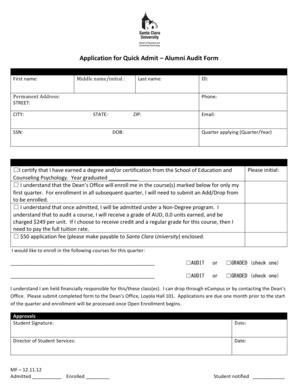 Fillable Online Scu Application For Quick Admit Alumni Audit Form