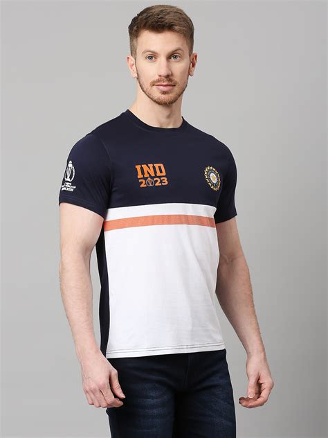 Buy Official ICC CWC 23 Men White And Navy Blue Colourblocked Short