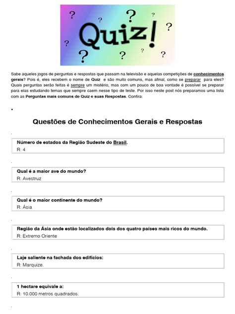 Perguntas Gerais Com Resposta - Quiz, Perguntas de Conhecimentos Gerais Com Respostas para Estudar | PDF