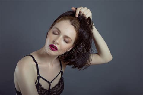 Beautiful Brunette Takes Off Her Wig Stock Image Image Of Female Temptation 95668931
