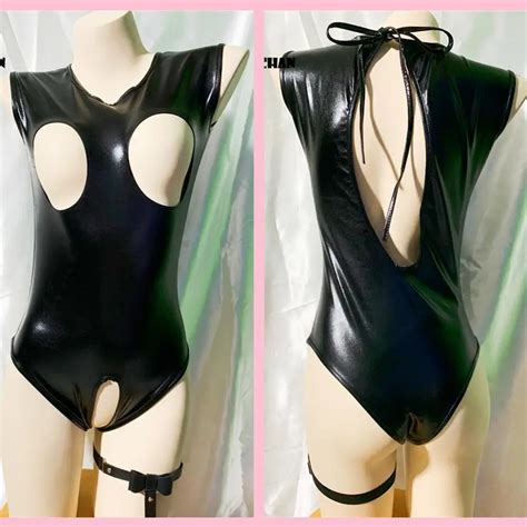 2018 Sexy Pvc Leather Black Bodysuit Women High Cut Thong Open Crotch