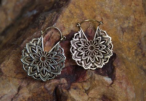 Brass Flower Mandala Hoop Earrings Brass Boho Earrings Etsy