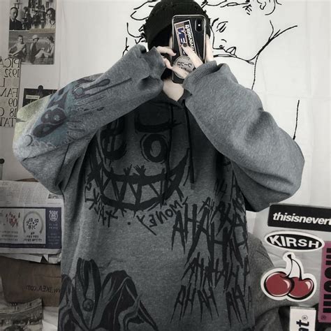 Cheap Goth Harajuku Hoodies Women Anime Oversized Sweatshirt Graffiti