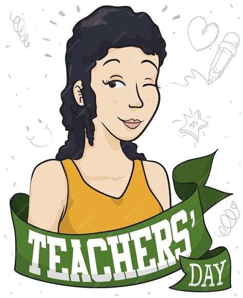 Premium Vector Poster With Beautiful Female Educator Celebrating Teachers Day Behind A Ribbon