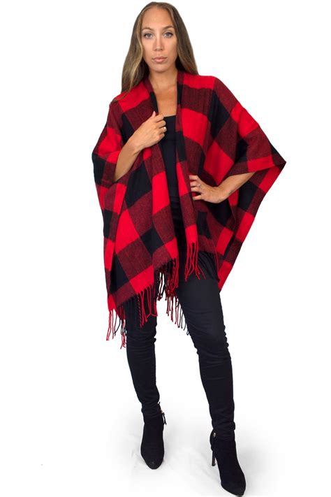 Woven Knit Buffalo Plaid Poncho Red Black Flannel Checkered Etsy