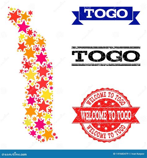 Star Mosaic Map Of Togo And Rubber Watermarks Stock Vector