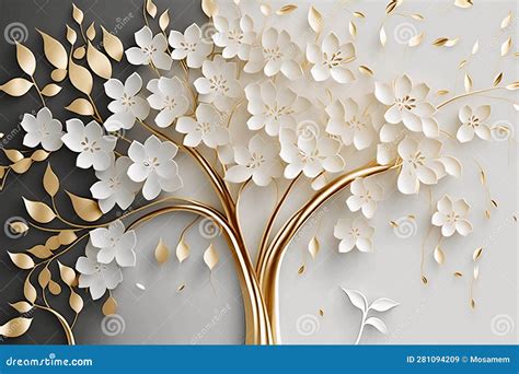 D Tree Wallpaper Golden Stem And White Floral Leaves Stock Image