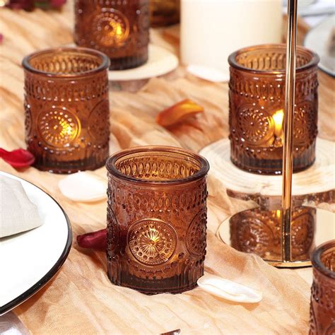 Devi 24pcs Vintage Amber Votive Candle Holders Amber Glass Candle Holder For Tea Lights Boho