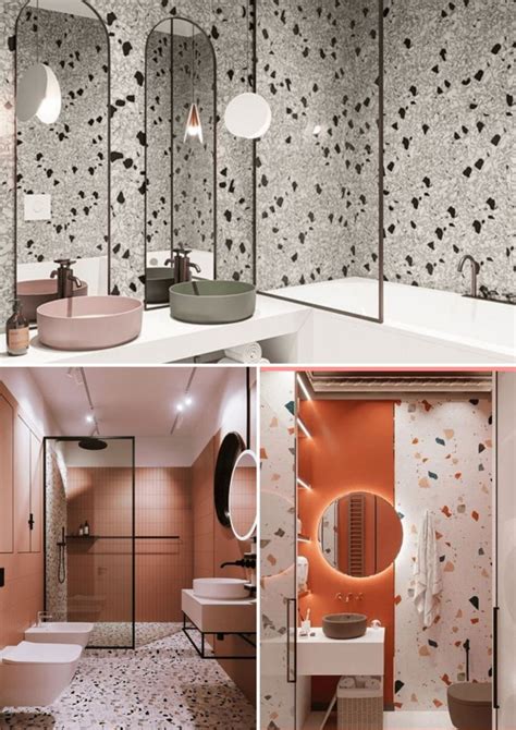 The Bathroom Is Decorated In Pink And Orange Colors With Black Dots On