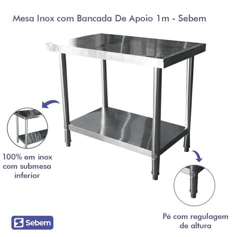 Mesa Aço Total Inteira Inox Industrial Bancada De Apoio 1 2 Metro