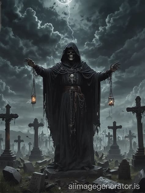 Dark Necromancer Summoning Magic At Night With Graveyard Surroundings