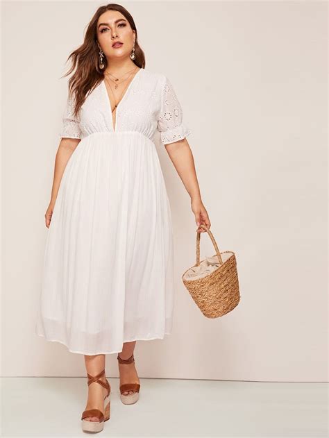 Shein Plus Plunge Neck Eyelet Embroidered Bodice Smock Dress