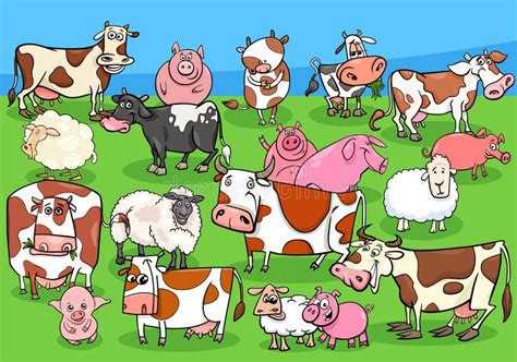 Groupe De Personnages De Dessins Animés D animaux De Ferme Sur Le Pré