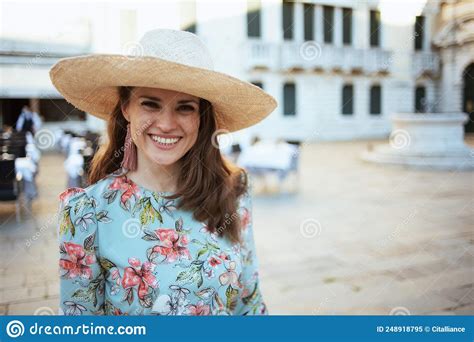 Happy Stylish Woman In Floral Dress Having Walking Tour Stock Image