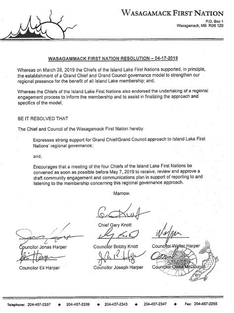 Wasagamack Band Council Resolution Anishininew Okimawin