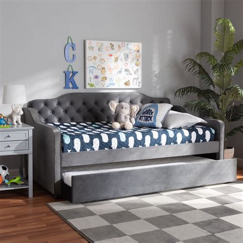 Baxton Studio Freda Button Tufted Twin Size Daybed With Trundle Gray