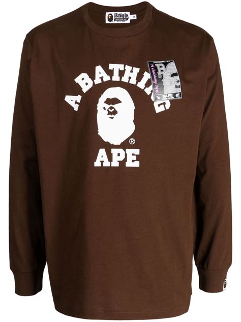 A Bathing Ape Logo Print Cotton T Shirt Brown Farfetch