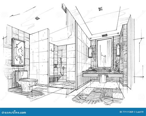 Sketch Interior Perspective Toilet And Bathroom Black And White Interior