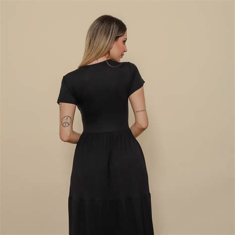 Aura Loja Vestido Camadas Viscolycra Liso Preto Vestidos