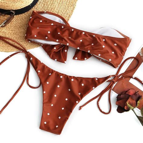 Women S Bandeau Bikini Swimsuits Self Tie Dotted Bandeau Bikini Set