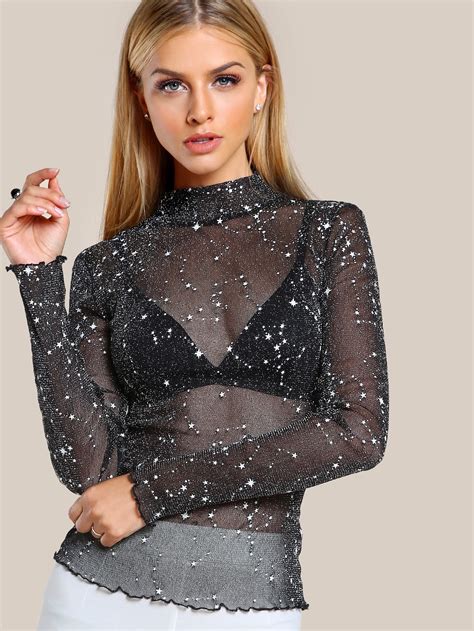 Mock Neck Lettuce Hem Glitter Mesh Top Shein Sheinside