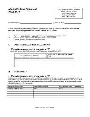 Fillable Online Uvm Students Asset Worksheet Form University Of