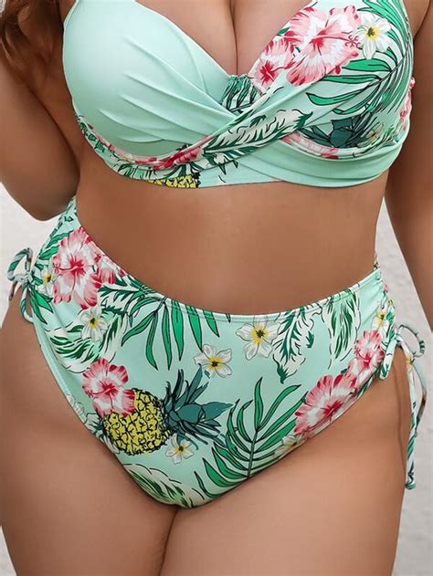 Shein Swim Vcay Plus Tropical Print Drawstring Bikini Bottom Shein Usa