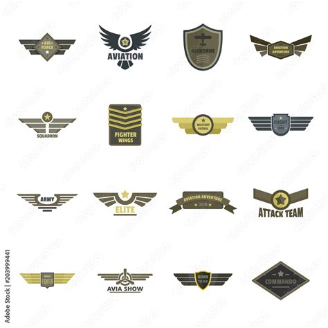 Airforce navy military logo icons set. Flat illustration of 16 airforce ...