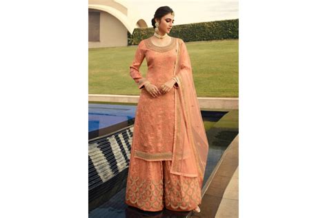 Peach Jacquard Silk Embroidered Kameez With Palazzo