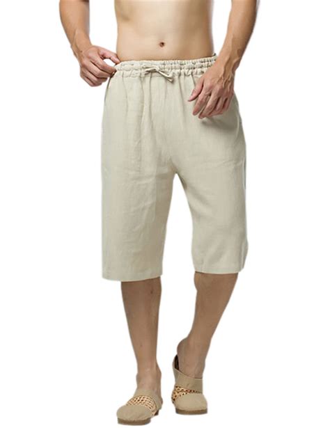 Kamuon Mens Casual Summer 100 Linen Elastic Waistband Beach Shorts