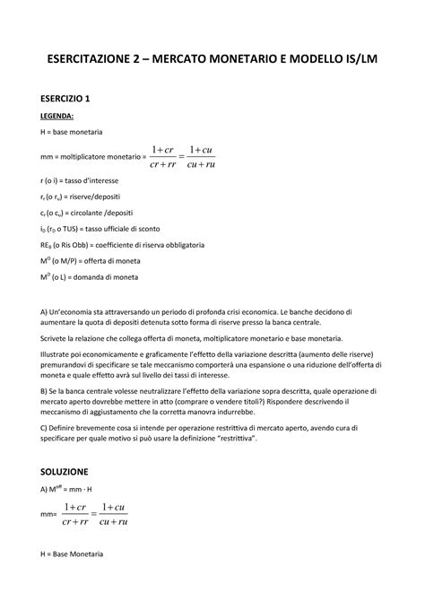 Esercitazione Macroeconomia Modello IS LM Chiuso Con Soluzioni