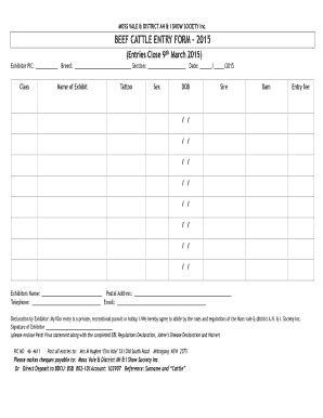 Fillable Online Beef Cattle Entry Form Mossvaleshowcom Fax Email