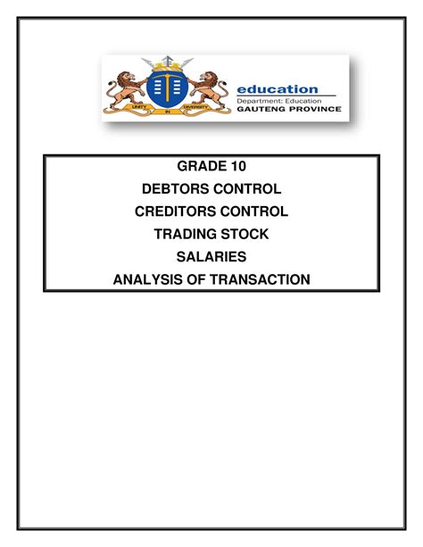 Grade 10 Accounting Analysis Of Transactions GRADE 10 DEBTORS CONTROL